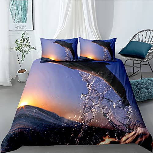 HONGNIU Bettwäsche Set Delphin-Sonnenuntergang Bettbezug 135x200 cm weich bequem atmungsaktiv Hypoallergen Mikrofaser Bettbezüge Und 2 Kissenbezug,Geeignet für Jungen Mädchen Kinder von HONGNIU