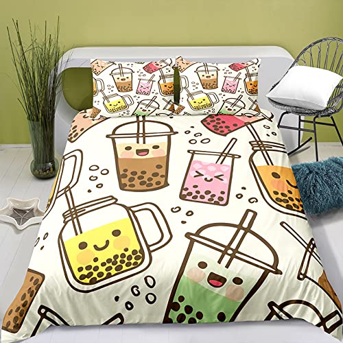 Bettwäsche Set Essen Milchtee Bettbezug 135x200 cm weich bequem atmungsaktiv Hypoallergen Mikrofaser Bettbezüge Und 2 Kissenbezug,Geeignet für Jungen Mädchen Kinder von HONGNIU