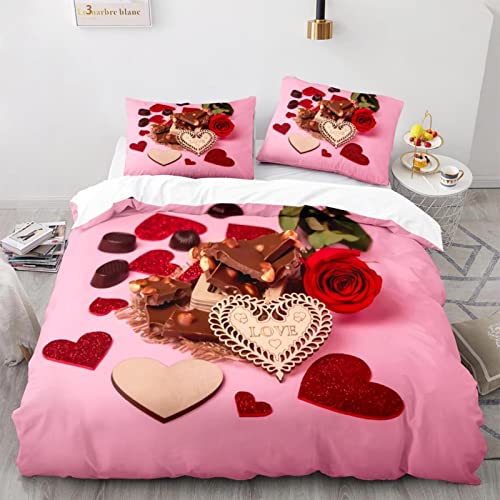 HONGNIU Bettwäsche Set Valentinstag Schokolade Bettbezug 200x200 cm weich bequem atmungsaktiv Hypoallergen Mikrofaser Bettbezüge Und 2 Kissenbezug,Geeignet für Adults and Children von HONGNIU