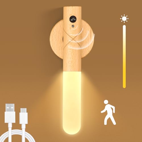 HONGNIX LED Wandleuchte Holz Innen Nachtlicht mit Bewegungsmelder, USB Aufladbar Wandlampe, 2 Modes Kabellos Akku Wandbeleuchtung mit Magnetische für Schlafzimmer, Flur, Treppenhaus von HONGNIX