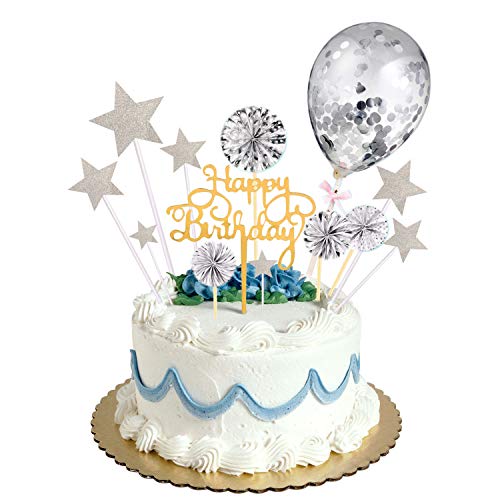 Kuchendekoration für Geburtstag, Happy Birthday, Papierfächer, Konfetti-Ballon, Acryl, Cupcake-Dekoration, für jedes Alter (Silber) von HONGP