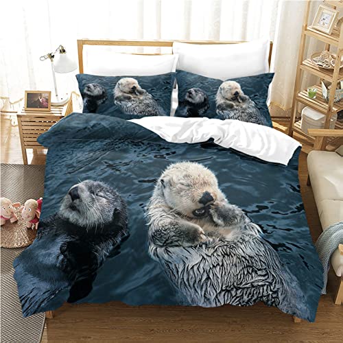 HONGS Bettwäsche 135x200 Dunkelblauer Otter 3D Drucken luftdurchlässiger Bettbezug + 2 Kissenbezug 80x80 cm mit Reißverschluss Bettwäsche-Sets 100% Mikrofaser bettwaren & bettwäsche von HONGS