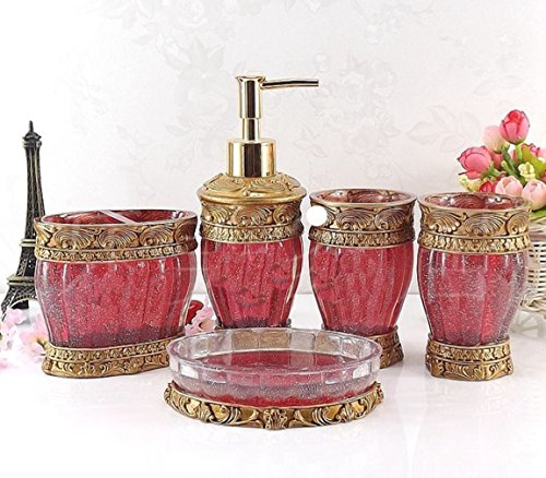 HONGS kontinental Luxus 5tlg Bad-WC Garnitur Badezimmer Set Bürste Becher Seifenspender Badgarnitur,Rot von HONGS