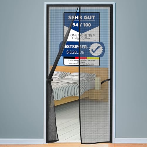 HONGTAISHENG Fliegengitter Tür Magnet, 110x220cm Insektenschutz Balkontür Automatisches Schließen, Fliegenvorhang Ohne Bohren für Wohnzimmer Schiebetür Terrassentür, Katzenkrallen Sicher, Schwarz von HONGTAISHENG