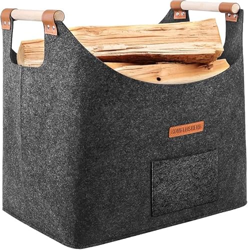 XL Brennholzkorb Filzkorb extra dicker Filz und verstärkter Griff | Faltbarer Holzkorb Filztasche als Aufbewahrungskorb für Einkauf, Holz, Zeitung oder Brennholz (Dunkelgrau) von HONGTAISHENG