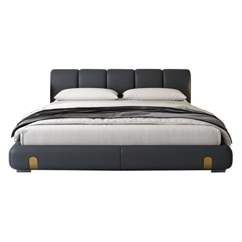 HONGYISHI Black Simplicity Leather Full Size Bed Frame Queen Bed Frame Wooden Lats Support with Headboard, Noise-Free von HONGYISHI