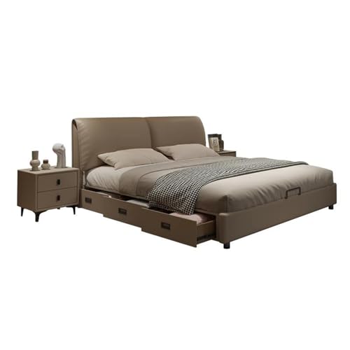 HONGYISHI Braunes Leder Queensize-Bettgestell, volle Größe, Bettgestell aus Holz, Lattenstütze, ergonomisches gepolstertes Kopfteil, geräuschfrei HONGYISHI Braunes Leder Queensize-Bettgestell, volle Größe, Bettgestell aus Holz, Lattenstütze, ergonomisches gepolstertes Kopfteil, geräuschfrei von HONGYISHI