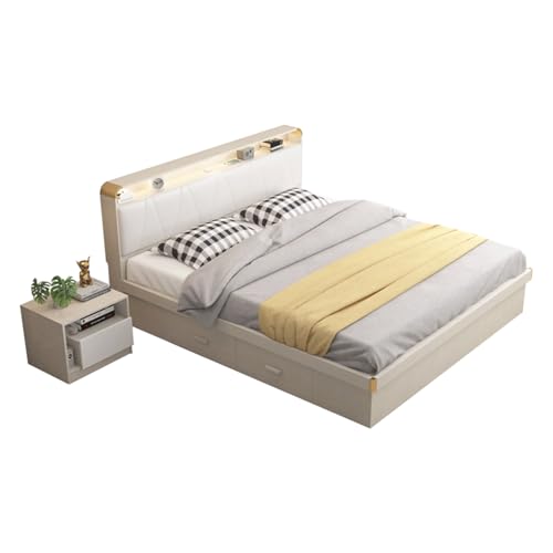 HONGYISHI Gepolstertes Plattformbett, weißes Leder, Queen-Size-Plattform-Bettgestell, Holzlattenstütze, mit Kopfteil, geräuschfrei von HONGYISHI