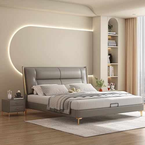 HONGYISHI Grau Modern Simplicity Bettgestell in voller Größe, gepolstertes Plattformbett, Holzlattenstütze, mit Kopfteil, geräuschfrei von HONGYISHI