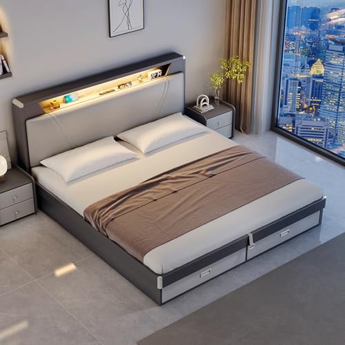 HONGYISHI Graues, modernes Bettgestell in voller Größe, Leder-Polsterung Plattformbett mit Stauraum, Kopfteil, ergonomisches gepolstertes Kopfteil, geräuschfrei von HONGYISHI