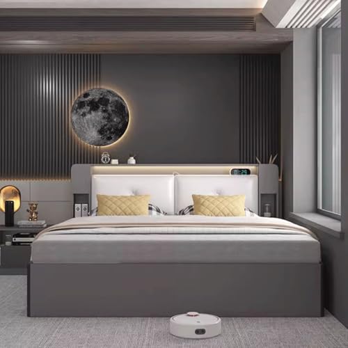 HONGYISHI Graues, modernes Bettgestell in voller Größe, Queen-Size-Plattformbett, Leder, gepolstertes Plattformbett mit Kopfteil, geräuschfrei von HONGYISHI