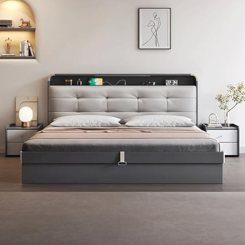 HONGYISHI Graues, modernes Bettgestell in voller Größe, gepolstertes Plattformbett mit Stauraum, Queen-Size-Plattform-Bettgestell, geräuschfrei von HONGYISHI
