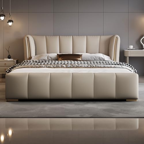 HONGYISHI Graues, modernes Bettgestell in voller Größe, gepolstertes Plattformbett mit robuster Holzlattenstütze, ergonomisches gepolstertes Kopfteil, Queensize-Bettgestell, geräuschfrei von HONGYISHI
