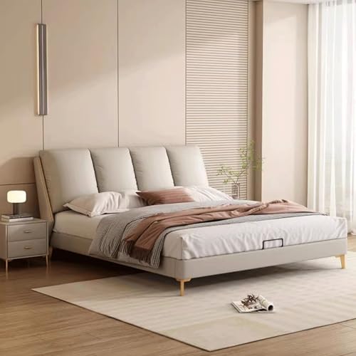 HONGYISHI Graues, modernes Leder-Queen-Size-Plattformbett, Queen-Size-Bett, mit Stauraum, Holzlatten, Unterstützung mit Kopfteil, geräuschfrei von HONGYISHI