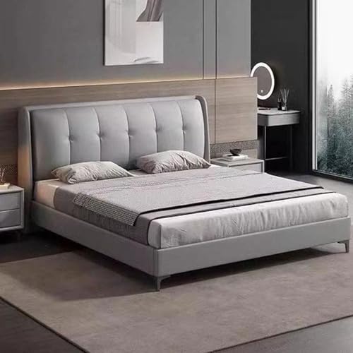 HONGYISHI Graues, modernes Lederbettrahmen in voller Größe, Queen-Size-Plattformbett, Holzlattenstütze, ergonomisches gepolstertes Kopfteil, geräuschfrei von HONGYISHI