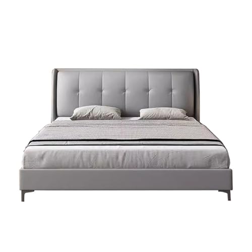 HONGYISHI Graues, modernes Lederbettrahmen in voller Größe, Queensize-Bettgestell, Holzlattenstütze, mit Kopfteil, geräuschfrei von HONGYISHI