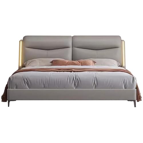 HONGYISHI Graues Lederbettrahmen in voller Größe, ergonomisches gepolstertes Kopfteil, Queensize-Bettgestell, Holzlatten unterstützen geräuschfrei von HONGYISHI