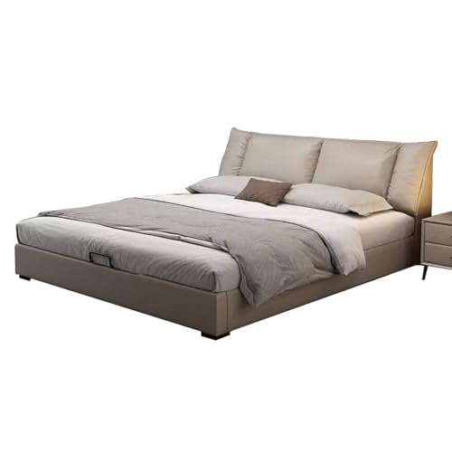 HONGYISHI Graues modernes Bettgestell in voller Größe, Queensize-Bettgestell, ergonomisches gepolstertes Kopfteil, Holzlatten unterstützen geräuschfrei von HONGYISHI