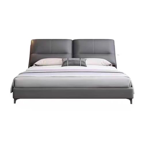 HONGYISHI Graues modernes Leder-Queen-Size-Plattformbett, gepolstertes Plattformbett, Holzlattenstütze, mit Kopfteil, geräuschfrei von HONGYISHI