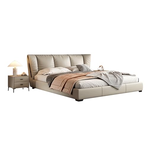 HONGYISHI Graues modernes Simplicity Queensize-Bettgestell, Leder, gepolstertes Plattformbett, Holzlattenstütze, mit Kopfteil, geräuschfrei von HONGYISHI