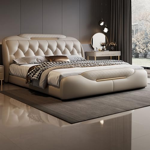 HONGYISHI Leichtes, luxuriöses, modernes Leder-Queen-Size-Plattformbett, ergonomisch gepolstertes Kopfteil, Holzlatten unterstützen geräuschfrei von HONGYISHI