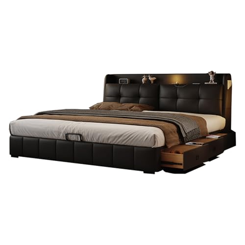 HONGYISHI Modern Simplicity Bettgestell aus Leder, volle Größe, mit Kopfteil, Queen-Size-Plattform-Bettgestell, geräuschfrei, Schwarz von HONGYISHI