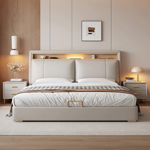 HONGYISHI Modern Simplicity Bettrahmen in voller Größe, Leder, gepolstertes Plattformbett, ergonomisches gepolstertes Kopfteil, Holzlattenstütze, geräuschfrei von HONGYISHI