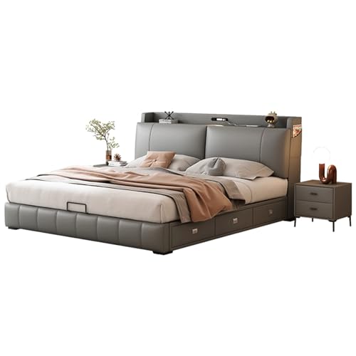 HONGYISHI Modern Simplicity Leder-Bettrahmen in voller Größe, ergonomisches gepolstertes Kopfteil Holzlattenstütze mit Stauraum Kopfteil, geräuschfrei von HONGYISHI
