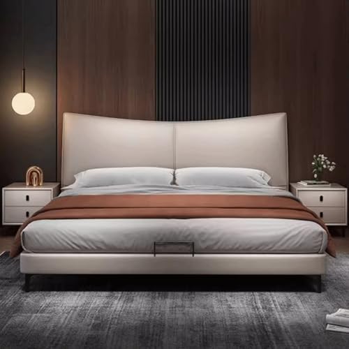 HONGYISHI Modern Simplicity Weißes Queensize-Bettgestell, Leder, gepolstertes Plattformbett, Holzlattenstütze, geräuschfrei von HONGYISHI