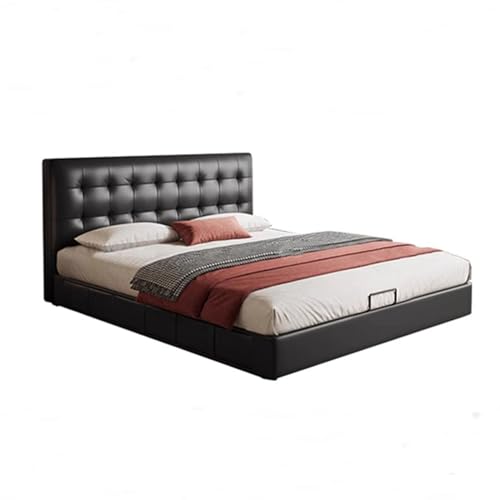 HONGYISHI Modern Simplicity schwarzes Lederbettrahmen in voller Größe, Queen-Size-Plattformbett, ergonomisch gepolstertes Kopfteil, geräuschfrei von HONGYISHI