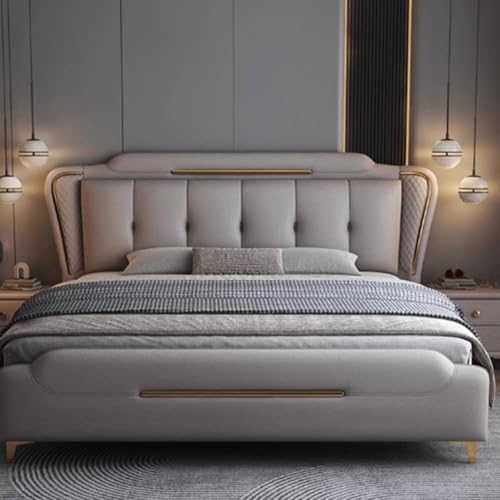 HONGYISHI Moderner, leichter Luxus-Bettgestell, Doppelbettgestell, volle Größe, Stauraum, ergonomisches gepolstertes Kopfteil, Holzlattenstütze, geräuschfrei von HONGYISHI