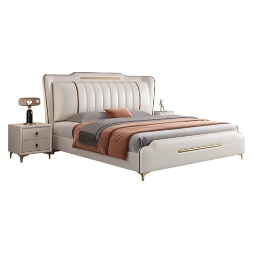 HONGYISHI Modernes, leichtes, luxuriöses weißes Queen-Size-Plattformbett, ergonomisch gepolstertes Kopfteil, Holzlatten unterstützen geräuschfrei von HONGYISHI