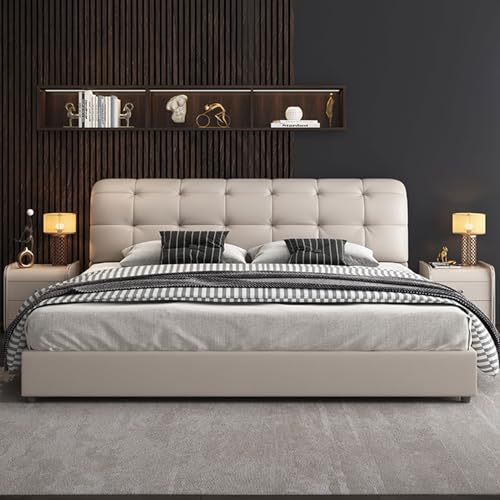 HONGYISHI Modernes Bettgestell in voller Größe, Bettgestell, Queen-Size-Plattformbett, ergonomisches gepolstertes Kopfteil, Holzlatten, geräuschfrei, Beige HONGYISHI Modernes Bettgestell in voller Größe, Bettgestell, Queen-Size-Plattformbett, ergonomisches gepolstertes Kopfteil, Holzlatten, geräuschfrei, Beige von HONGYISHI