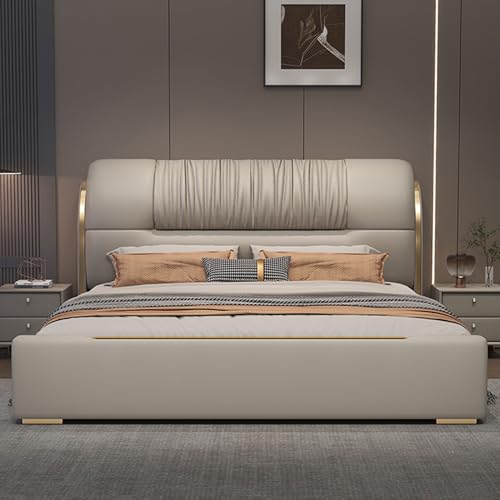 HONGYISHI Modernes Leder Grau Full Size Bettgestell Gepolstertes Plattformbett Holzlattenstütze mit Kopfteil Geräuschfrei HONGYISHI Modernes Leder Grau Full Size Bettgestell Gepolstertes Plattformbett Holzlattenstütze mit Kopfteil Geräuschfrei von HONGYISHI
