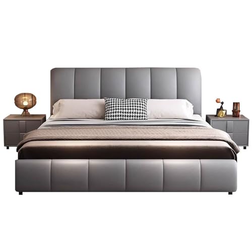 HONGYISHI Modernes Lederbett, leicht, luxuriös, volle Größe, Queen-Size-Plattformbett, ergonomisches gepolstertes Kopfteil, Holzlatten unterstützen geräuschfrei von HONGYISHI