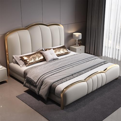 HONGYISHI Modernes beige Queensize-Bettgestell, gepolstertes Plattformbett, Holzlattenstütze, mit robuster Holzlattenstütze, geräuschfrei von HONGYISHI