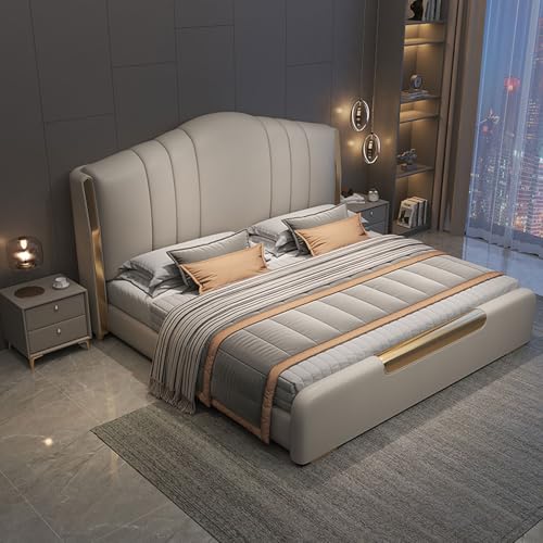 HONGYISHI Modernes graues Bettgestell in voller Größe, gepolstertes Plattformbett mit Kopfteil, ergonomisches gepolstertes Kopfteil, geräuschfrei von HONGYISHI
