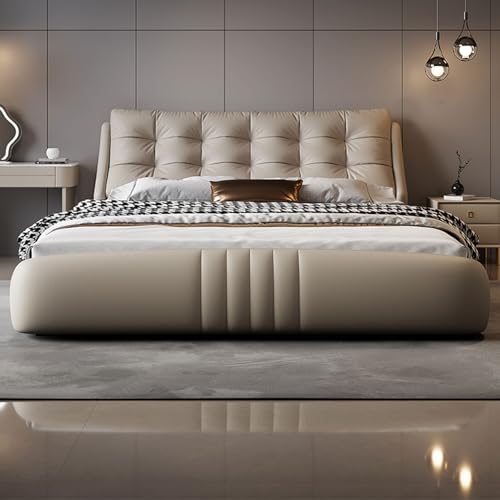 HONGYISHI Modernes leichtes Luxus-Bettgestell in voller Größe, ergonomisches gepolstertes Kopfteil aus Holzlatten, Unterstützung für Queensize-Bett, geräuschfrei von HONGYISHI