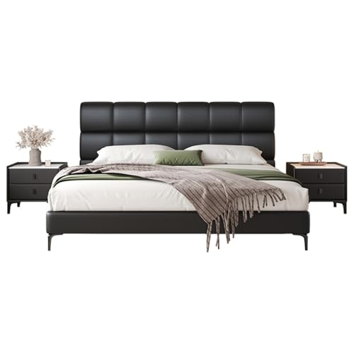 HONGYISHI Schwarzes modernes Queensize-Bettgestell, Leder, gepolstertes Plattformbett, Holzlattenstütze, mit Kopfteil, geräuschfrei von HONGYISHI