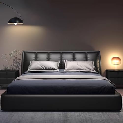 HONGYISHI Schwarzes modernes Simplicity Queen-Size-Plattformbett, gepolstertes Plattformbett, Holzlattenstütze, mit Kopfteil, geräuschfrei von HONGYISHI
