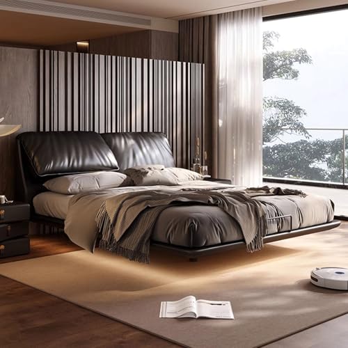 HONGYISHI Schwebender Bettrahmen Vollbett, Queen-Size-Plattformbett, ergonomisches gepolstertes Kopfteil, Holzlatten, geräuschfrei, Schwarz von HONGYISHI