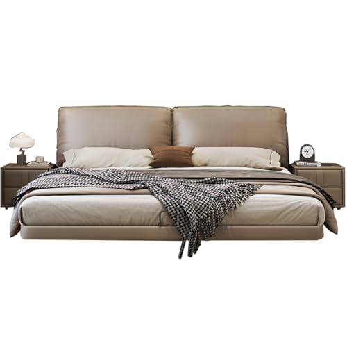 HONGYISHI Simplicity Bettgestell aus braunem Leder, volle Größe, Queen-Size-Plattformbett, Holzlattenstütze, geräuschfrei von HONGYISHI