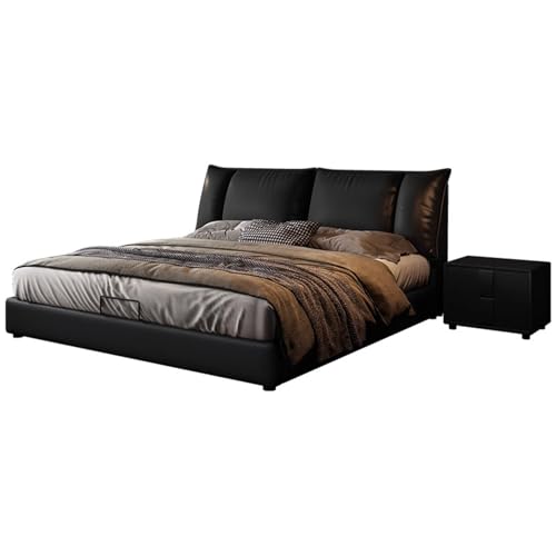 HONGYISHI Simplicity schwarzes Lederbettrahmen in voller Größe, Queensize-Bettgestell mit Kopfteil, Holzleisten, geräuschfrei von HONGYISHI