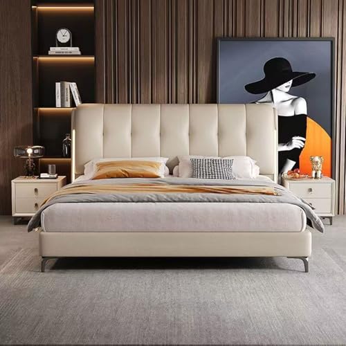 HONGYISHI Weißes, modernes Bettgestell in voller Größe, Queen-Size-Bett, mit Stauraum, Holzlattenstütze, mit Kopfteil, geräuschfrei von HONGYISHI
