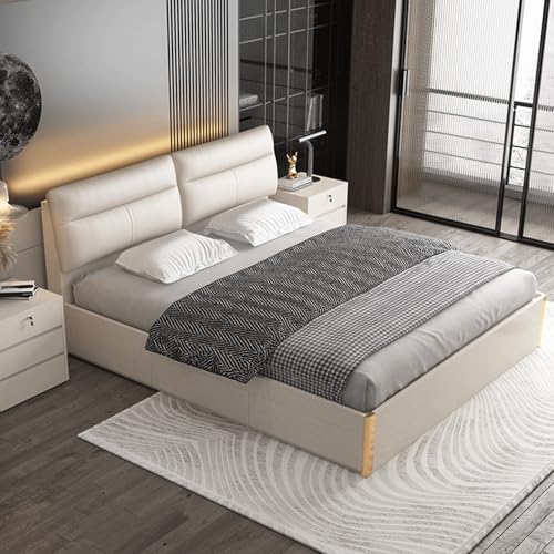 HONGYISHI Weißes modernes Bettgestell in voller Größe, Leder-Polsterung, Plattformbett, Holzlattenstütze, mit Kopfteil, geräuschfrei von HONGYISHI