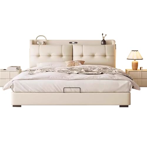 HONGYISHI Weißes modernes Bettgestell in voller Größe, ergonomisches gepolstertes Kopfteil, Holzlatten, Unterstützung Queen-Size-Plattformbett, geräuschfrei von HONGYISHI