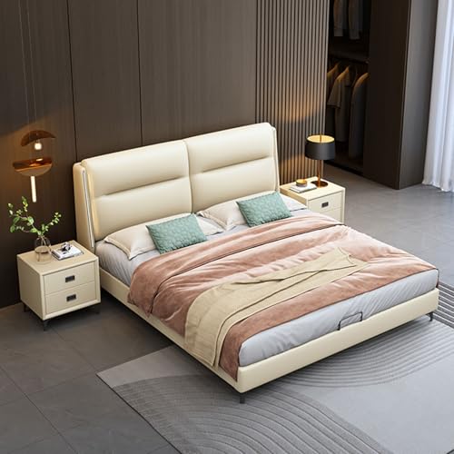 HONGYISHI Weißes modernes Bettgestell in voller Größe, ergonomisches gepolstertes Kopfteil, Holzlatten unterstützen geräuschfrei von HONGYISHI