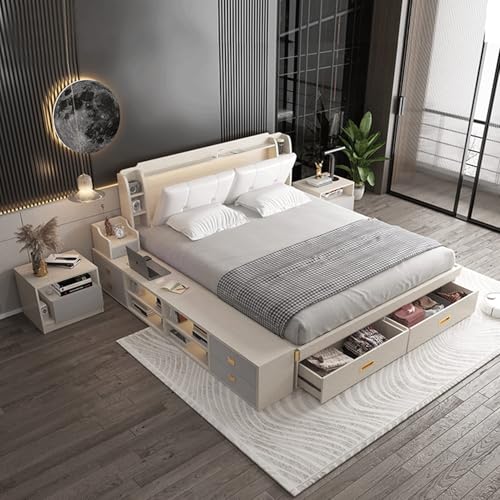 HONGYISHI Weißes modernes Queen-Size-Plattformbett, Leder, gepolstertes Plattformbett, Holzlattenstütze, mit Kopfteil, geräuschfrei von HONGYISHI