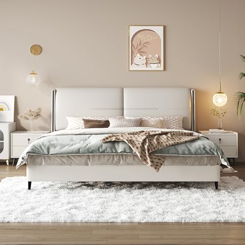 HONGYISHI Weißes modernes Queensize-Bettgestell, gepolstertes Plattformbett, Holzlattenstütze, mit Kopfteil, geräuschfrei von HONGYISHI