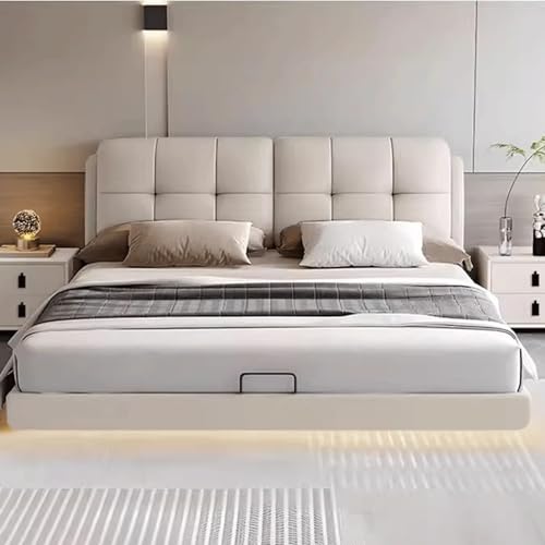 HONGYISHI Weißes modernes Simplicity Queen-Bettgestell, volle Größe, Bettgestell, Holzlattenstütze, ergonomisch, gepolstertes Kopfteil, geräuschfrei von HONGYISHI